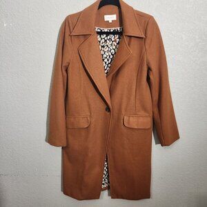 Camel Brown Longline Coat With Leopard-Print Lining Single-Button Closure Skies